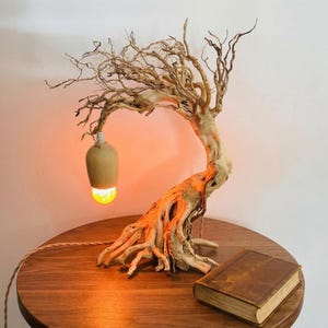 May include: A table lamp constructed from a piece of light-colored driftwood shaped like a small tree. A single light bulb hangs from a branch, encased in a smooth, light-colored wooden socket, emitting a warm orange glow onto the wood base.