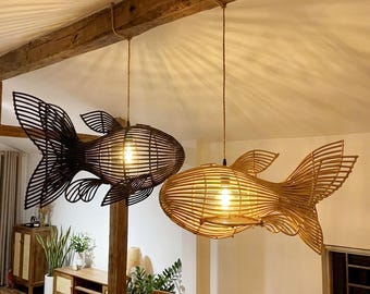 Rattan fish hanging lamp handmade bamboo pendant light bohemian coastal beach home decor