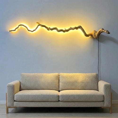 Aplique de pared de madera flotante, iluminación única, soporte de pared de rama de árbol, colgante de madera, luz LED, arte, decoración del hogar