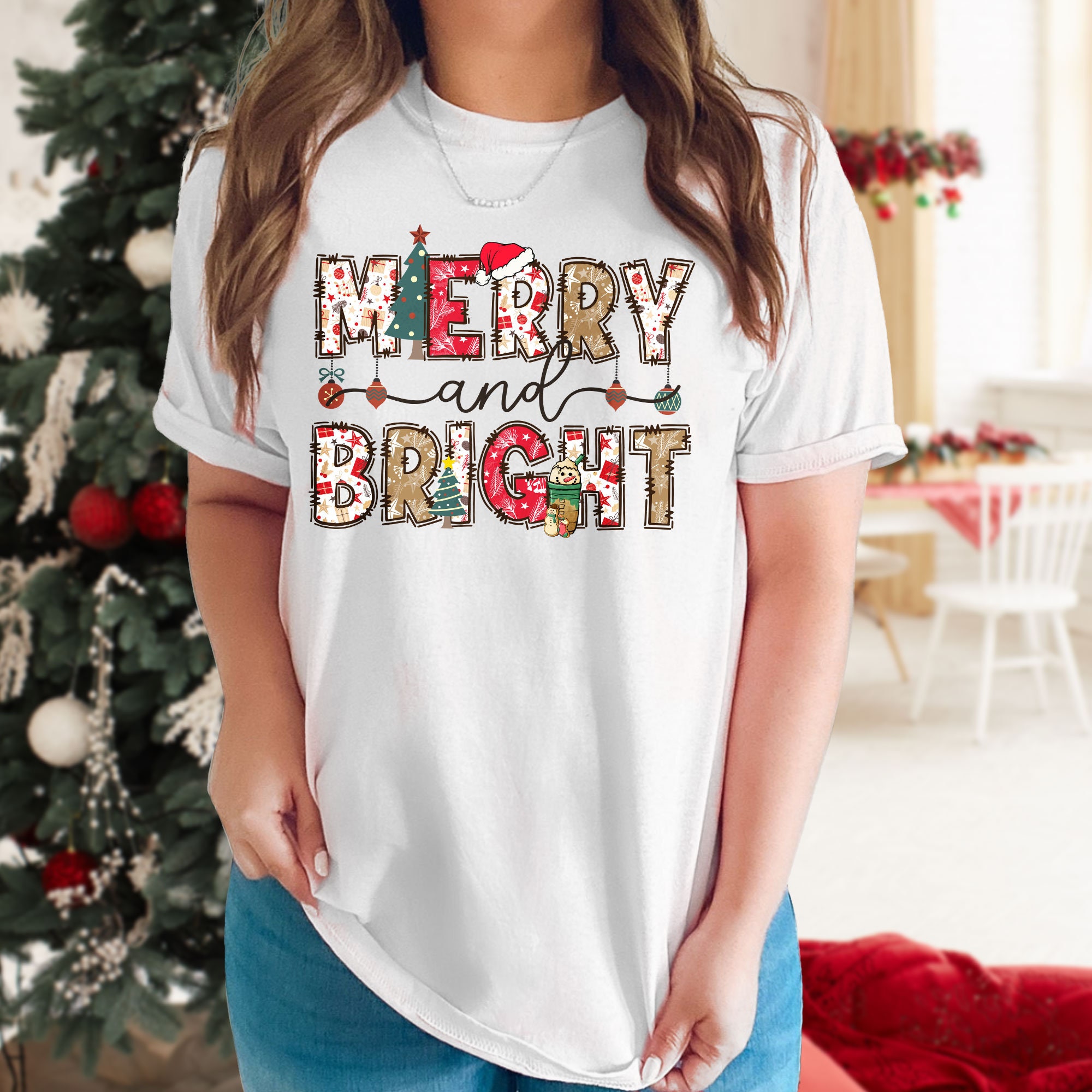 Discover Merry And Bright T-Shirt, Cute Christmas Light T-shirt, Friends And Family Holiday T-shirt
