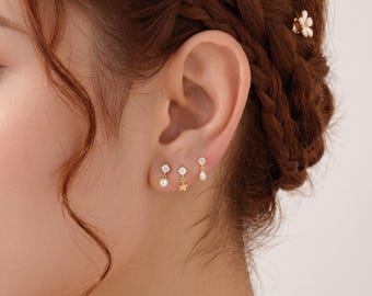 Set aus goldenen Stern-Perlenohrringen mit flacher Rückseite, tropfenförmige Zirkonia-Knorpelpiercing-Stecker, Helix-, Tragus- und Conch-Stecker mit Gewinde, zartes Geschenk für Sie