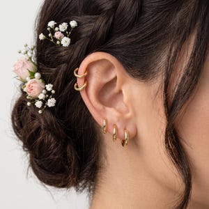 May include: A set of five gold-toned hoop earrings worn on the ear, consisting of two small hoops on the upper cartilage and three graduated hoops on the lobe. The hair is styled in an updo adorned with small pink roses and white baby's breath flowers.