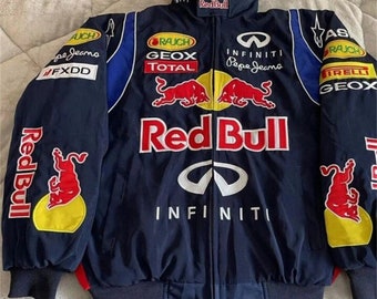 Veste Red Bull Racing : veste de course de Formule 1 rétro, veste de course street style entièrement brodée, veste de course volante