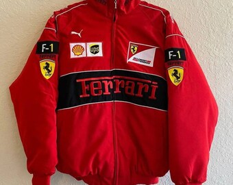 Y2K jaren '90 Racing Fan Gift, Formule 1 Merch, Rode Ferrari F1 Jas, Geborduurd Racing Jacket, Vintage Unisex Racing Jacket