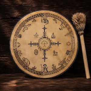 May include: A round tan drum featuring black ink illustrations of animals, geometric shapes, and a central sun symbol. The drum head is bordered by a patterned rim and is accompanied by a wooden mallet with a fluffy, light brown fur head.