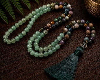 Indian Agate Green Aventurine Mala, 8mm 108 Beads Japamala, Meditation Yoga Necklace