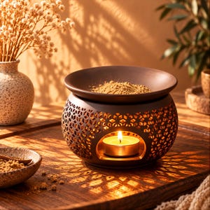 May include: A dark brown ceramic oil burner with a spherical body featuring a geometric honeycomb cutout pattern. The top has a wide, shallow bowl containing a light brown powder, while a lit tea light candle sits inside the central opening.
