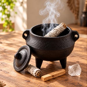 May include: A black cast iron cauldron with three legs and two side handles, featuring a removable lid. Inside the cauldron, a white sage smudge stick emits wisps of smoke. A second sage bundle, a wooden stick, and a clear crystal sit nearby.