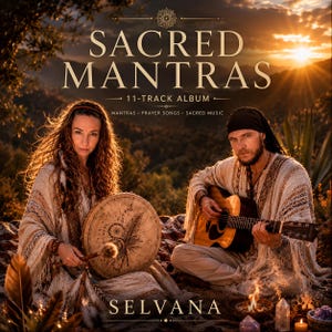 Puede incluir: Una portada de álbum digital titulada Sacred Mantras de Selvana que muestra a dos personas con ponchos color crema texturizados. Una persona sostiene un tambor redondo con un diseño de pluma, mientras la otra toca una guitarra acústica. La escena es al aire libre al atardecer.