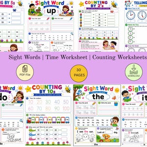 May include: A collection of educational worksheets featuring colorful illustrations and activities for children. The pages include exercises for counting by 2s, 5s, and 10s, sight word practice for words like up, do, the, and it, and lessons on telling time.