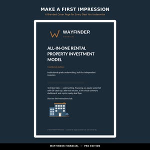 May include: A dark blue document cover titled MAKE A FIRST IMPRESSION, A Branded Cover Page for Every Deal You Underwrite. It features the Wayfinder Financial logo, the text ALL-IN-ONE RENTAL PROPERTY INVESTMENT MODEL, and a small building icon.