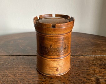 Antique 19th century mauchline ware style castle tower shaped money box c. late 19th century