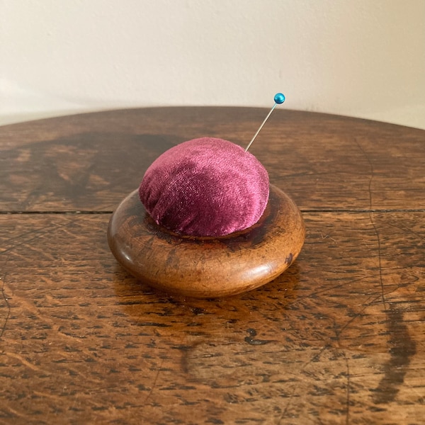 Antique treen shallow dish with later pin cushion c. 19th century and later