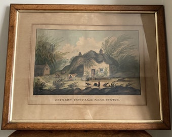 Antique late Georgian early Victorian primitive framed watercolour on paper of a Miner's cottage near Buxton c. early to mid 19th century