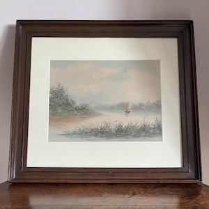 Antique late Victorian watercolour of a rural morning river scene c. late 19th century