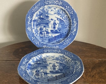 Pair of antique George III Minton Fisherman pattern side plates c. 1805