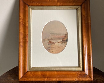 Antique signed miniature watercolour of a coastal scene in a period maple veneered frame c. late 19th early 20th century