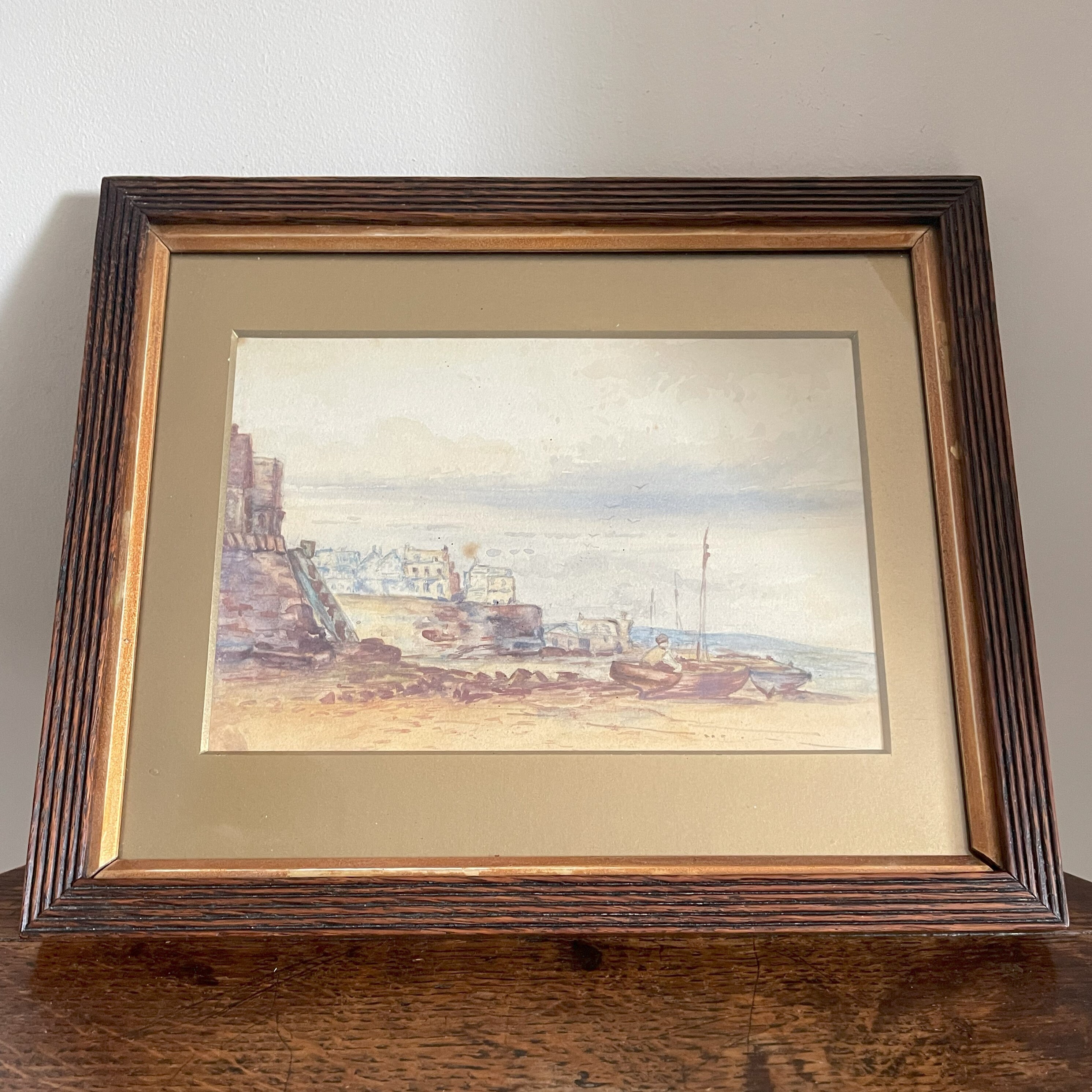 Antique Victorian framed watercolour of a small coastal fishing village. c. late 19th century