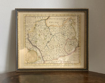 Antique framed George III county map of Leicestershire & Rutland by E Bowen with later hand colouring c. 1761