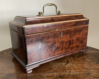 Antique George III mahogany Chippendale type tea chest with original canisters and secret compartment c. 1770