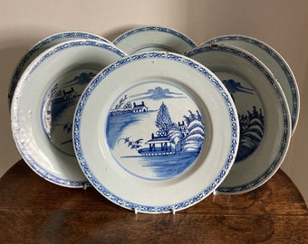 Rare set of six antique George II English delft chinoiserie landscape pattern plates c. 1740-60