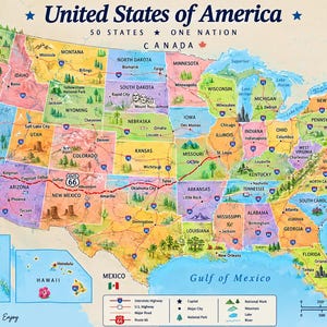 May include: A colourful illustrated map of the United States of America featuring 50 states, major cities, national parks, and the Route 66 highway. The map includes Alaska and Hawaii insets, a compass rose, and a legend detailing symbols used.