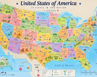 Carte routière imprimable des États-Unis | Décoration murale pour planificateur de voyage (Téléchargement numérique)
