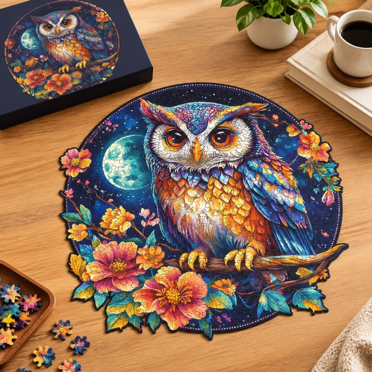 Owl Moon Floral Wooden Jigsaw Puzzle Blank, 15×13cm Animal Puzzle Craft Supply