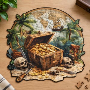 Può includere: Un puzzle circolare raffigurante uno scrigno del tesoro traboccante di monete d'oro, due teschi umani, una spada e un pugnale. Lo sfondo mostra una mappa del mondo vintage, palme e un veliero, il tutto in un'illustrazione dettagliata e colorata.