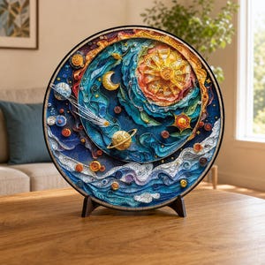 May include: A circular multi-layered wooden puzzle featuring a vibrant celestial scene with a bright yellow sun, a crescent moon, a ringed planet, and a comet streaking across a deep blue background of swirling clouds and stars on a stand.