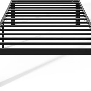 May include: A black metal bed frame featuring a rectangular structure with a series of evenly spaced horizontal slats. The frame is supported by four vertical legs, each containing two horizontal slots near the base for potential attachment.
