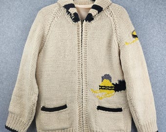 Mary Maxim 1950s Cowichan Sweater S Cream Snowmobile Knit Full Zip Vintage