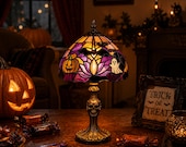 Gothic Skull Halloween Lamp, Stained Glass Like Pumpkin Ghost Table Lamp, Skeleton Base Accent Light, Halloween Home Decor Gift