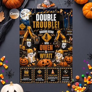 May include: A Halloween-themed birthday invitation featuring two yellow excavators, two ghosts wearing hard hats, and pumpkins. The text reads Double Trouble, Digging Being 4 with Owen & Wyatt, plus event details for Saturday, October 26, 2026.