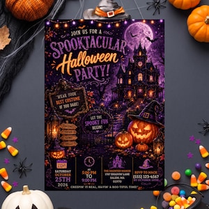 May include: A rectangular Halloween party invitation featuring a dark purple and black haunted mansion, a full moon, and jack-o'-lanterns. The text reads: JOIN US FOR A SPOOKTACULAR HALLOWEEN PARTY! WEAR YOUR BEST COSTUME IF YOU DARE! SATURDAY OCTOBER 25TH 2026.