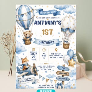 May include: A birthday invitation card featuring watercolor illustrations of hot air balloons with a bear and a rabbit, and a fox in an airplane. Text includes Anthony's 1st Birthday, July 20, 2025, at 2:00 PM, The Skyloft, 456 Cloudview Lane, Orlando, FL 32801.