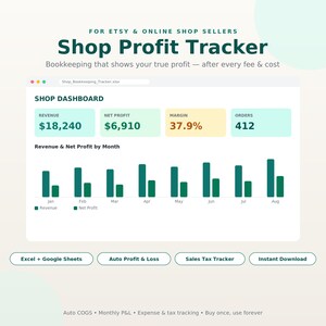 May include: A digital shop profit tracker spreadsheet for Etsy and online sellers. The interface displays a dashboard with revenue, net profit, margin, and order metrics, alongside a bar chart showing monthly revenue and net profit trends.