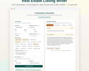 AI Real Estate Listing Writer for Realtors | MLS Description, Social Captions, Open House Generator