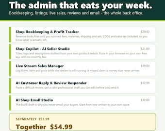 Etsy Seller Suite: Bookkeeping, AI Listings, Live Sales, Reviews (Digital Download)