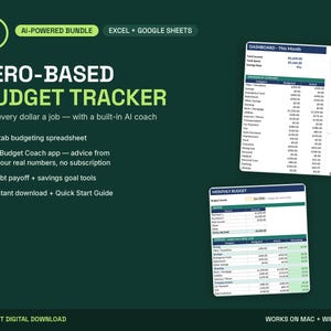 May include: A digital zero-based budget tracker spreadsheet for Excel and Google Sheets on a dark green background. It features a dashboard and monthly budget view with tables, a pie chart, and text including AI-powered bundle and quick start guide.