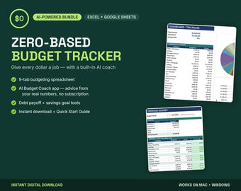 Zero Based Budget Spreadsheet, AI Coach, Debt Payoff, Savings Goals (Excel Google Sheets)