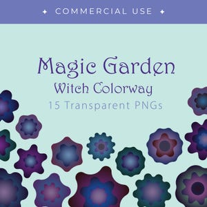 Może przedstawiać: Cyfrowy zestaw graficzny zatytułowany Magic Garden Witch Colorway zawierający 15 przezroczystych plików PNG. Projekt przedstawia różne stylizowane kwiaty w odcieniach głębokiego fioletu, błękitu i ciemnego turkusu na jasnomiętowym tle.