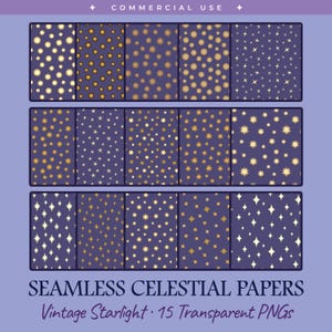 Celestial Sparkle Digital Papers, Soothing Star Seamless Overlay Bundle, Geometric Sun Patterns, Shining Star Clusters, 15 Transparent PNGs
