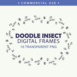 Cute Doodle Bug Borders Bundle 10 PNG, Cozy Minimalist Insect Frames Pack, Hand Drawn Ladybug Caterpillar Butterfly Page Border Graphics