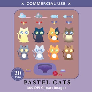 Op de afbeelding: Een digitale collectie van 20 pastelkleurige katten-clipartafbeeldingen met diverse kattenfiguren, muizen, vissen, halsbanden, voerbakjes, een kattenmand en een bol wol. De tekst bevat COMMERCIAL USE, 20 PNGs, PASTEL CATS, 300 DPI Clipart Images.