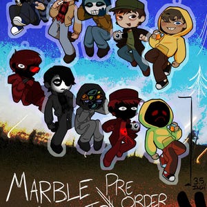 May include: A collection of ten illustrated character keychains featuring various figures in hoodies, jackets, and masks. The text reads MARBLE HORNETS PRE ORDER COLLECTION KEYCHAIN, 3.5 INCH, STARTS JULY 22, ENDS AUG 5. A 3.5 inch measurement is visible.