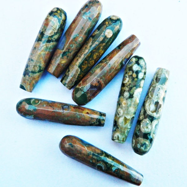 2 Unique Faceted rain forest jasper dendritic long Briolette ,teardrop pendant beads