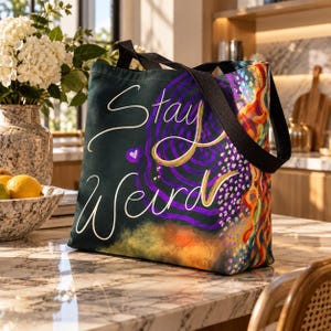 Stay Weird Tragetasche | Abstraktes psychedelisches Wirbelmuster, farbenfrohes Design