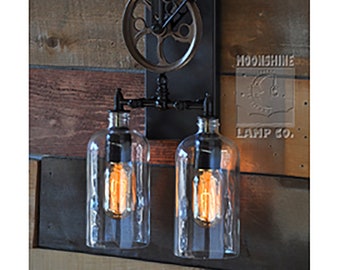 The Lauderdale – Recycled Glass Bottle Pulley Wheel Wall Sconce