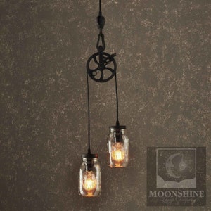 The Farmhouse - Mason Jar Pendant Light With Pulley Wheel and Customizable Finish - Shabby Chic - Modern Rustic Decor - Farmhouse Lamp